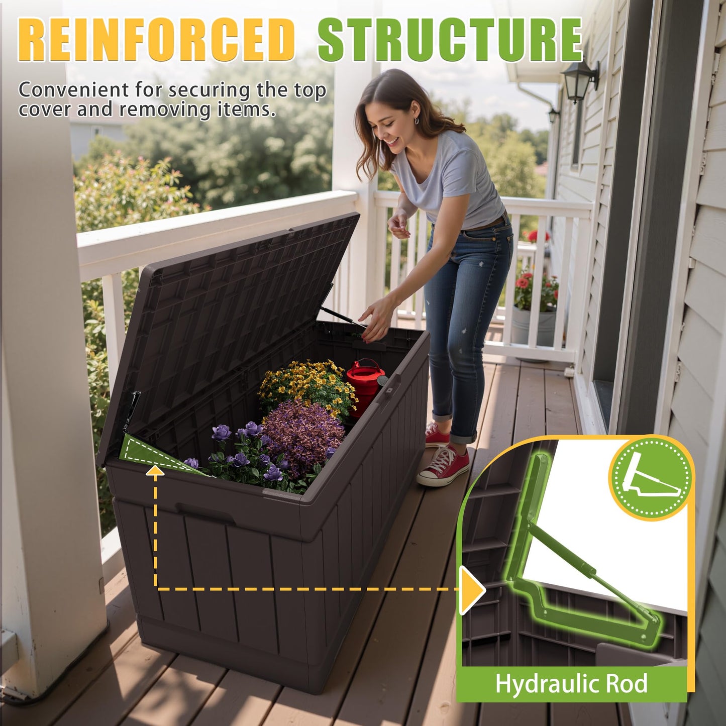 Greesum Outdoor Storage Box 82 Gallon Storage Bin with Lid for Patio Furniture, Garden Tools, Pool Supplies, Waterproof and UV Resistant, Lockable, Dark Brown