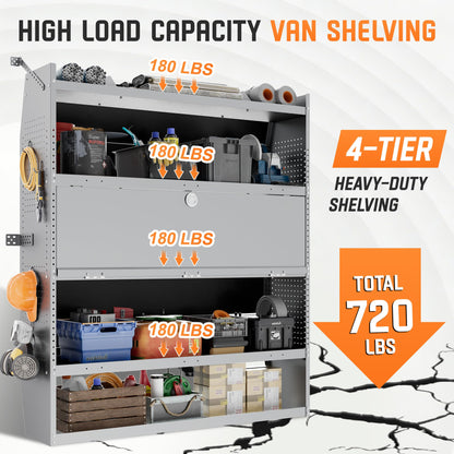 Cargo Van Shelving with Lockable Door Kits,Fit Transit, Nv, Promaster,Sprinter Mid/High Roof,Adjustable Heavy-Duty Steel Van Shelving Storage System W/Hooks & Ropes,52" W X 60" H X 13" D