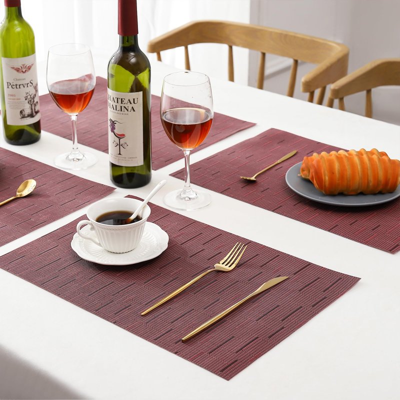 Leetaltree Burgundy Placemats Set of 4 - Heat Resistant Non-Slip Place mats for Dining Table, Washable Durable PVC Vinyl Woven Table Mats（Burgundy, 4）