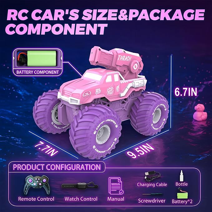 BEZGAR Amphibious Remote Control Car for Girls - Pink Monster Truck Toys 1:16 RC Boats 2.4GHz Waterproof Tank with Shooting Water Pistol 4WD All-terrian Off-Road Pickup Outdoor Girls Kids Gifts