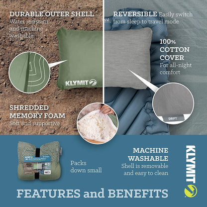 Klymit Insulated Static V Luxe Inflatable Sleeping Pad for Camping & Drift Camping Pillow, Shredded Memory Foam Travel Pillow with Reversible Cover