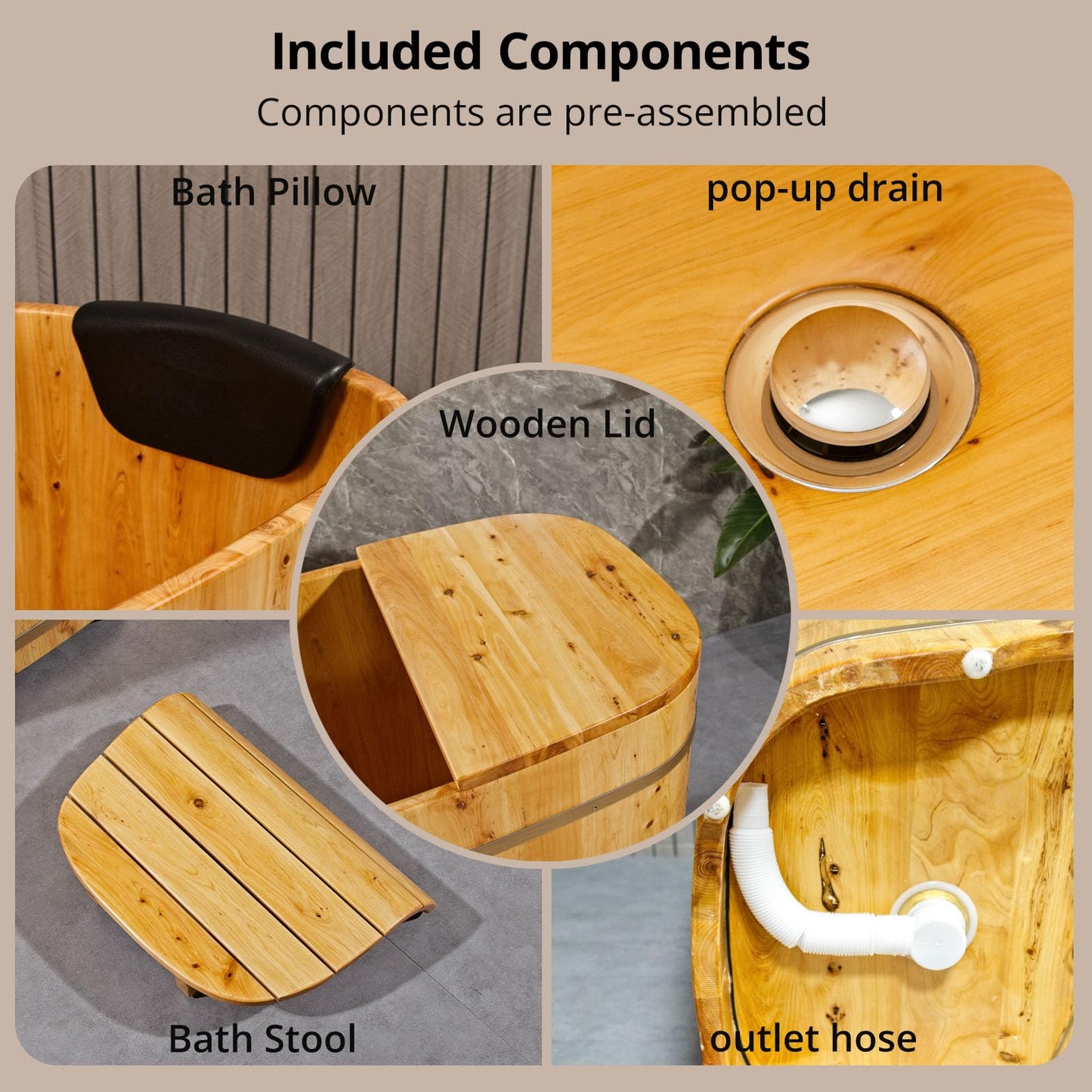 With Lid Japanese Soaking Tub Handcrafted Cedar Freestanding Wooden Bathtub Deep Soaking Tub Small Bathroom Tub Space Saving and Easy to Move STB03901 34” Hot Tub