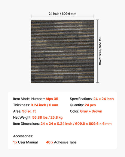 VEVOR Carpet Tiles Reusable 24x24 inch, 24 PCS Modular Carpet Square Rug, Commercial Floor Soft Padded for Seamless Cover 96sq.ft², Easy DIY for Living Room Bedroom Office Indoor,Gray & Brown