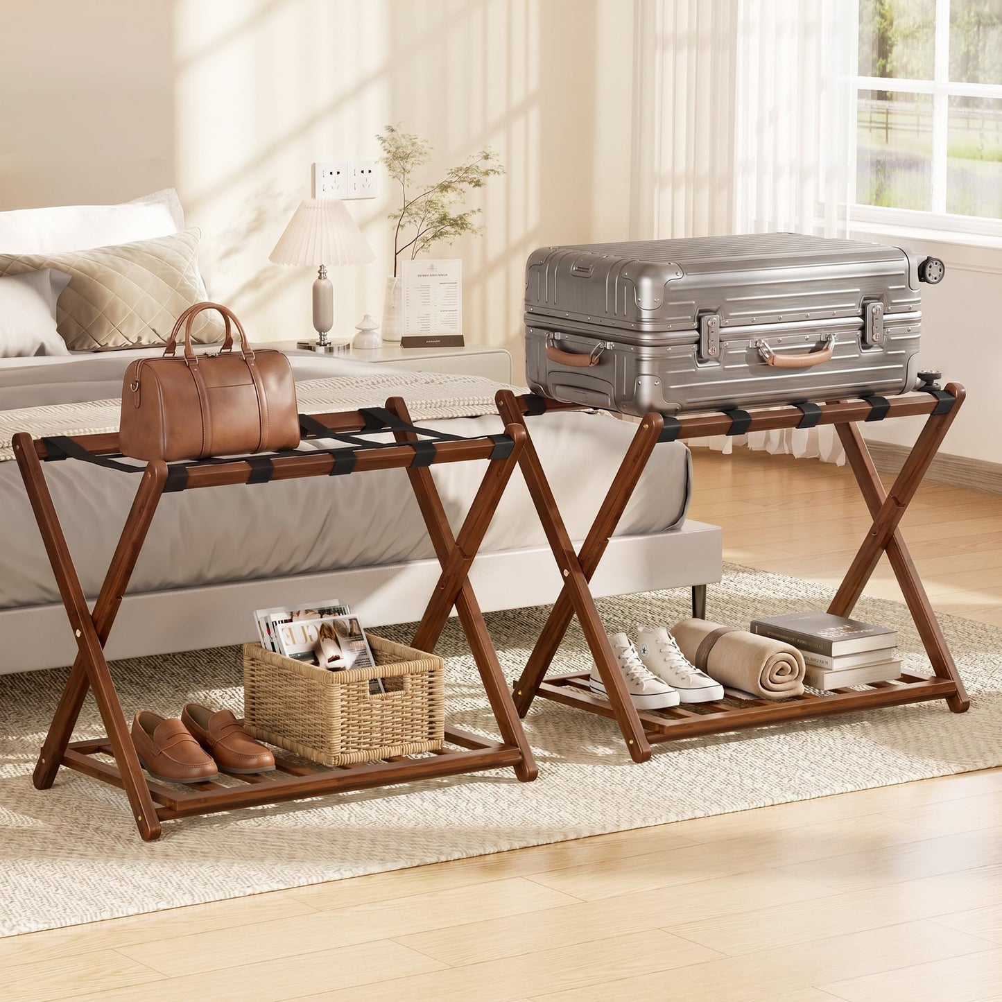SANLUCE Fully Assembled Luggage Rack Set of 2 for Guest Room, Bamboo Suitcase Stand with Foldable Storage Shelf, Crossed Nylon Straps Folding Luggage Holder for Bedroom and Hotel, Walnut