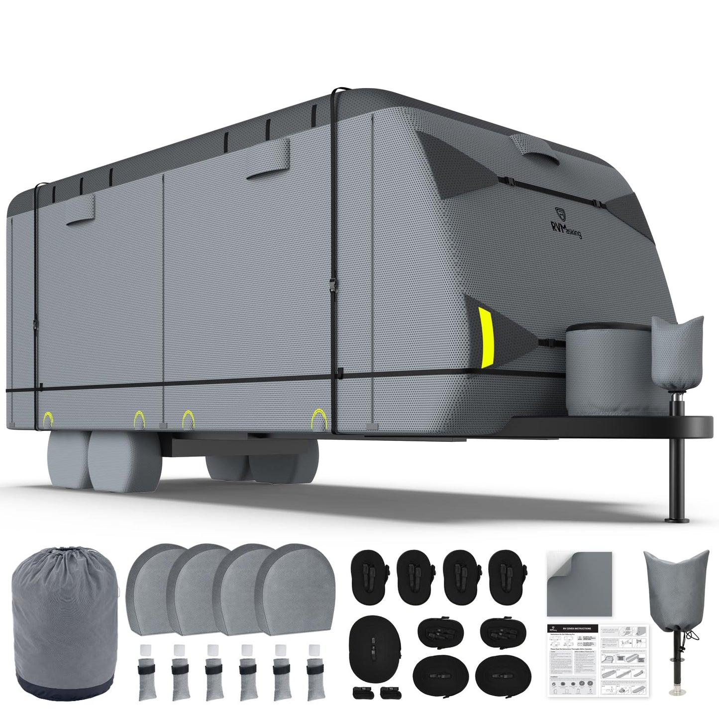 RVMasking Travel Trailer RV Cover 20-22ft, 7 Layers Extra-Thick Camper Cover Waterproof Windproof for Toy Hauler with 4 Tire Covers & Tongue Jack Cover & Propane Tank Cover, Dark Gray