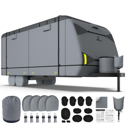 RVMasking Travel Trailer RV Cover 20-22ft, 7 Layers Extra-Thick Camper Cover Waterproof Windproof for Toy Hauler with 4 Tire Covers & Tongue Jack Cover & Propane Tank Cover, Dark Gray