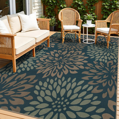 HEBE Easy Jute Area Rugs 8x10ft, Large Outdoor Rug for Patios Non Slip Washable, Floral Floor Carpet for Indoor Outdoor Bedroom Dining Room Balcony Porch