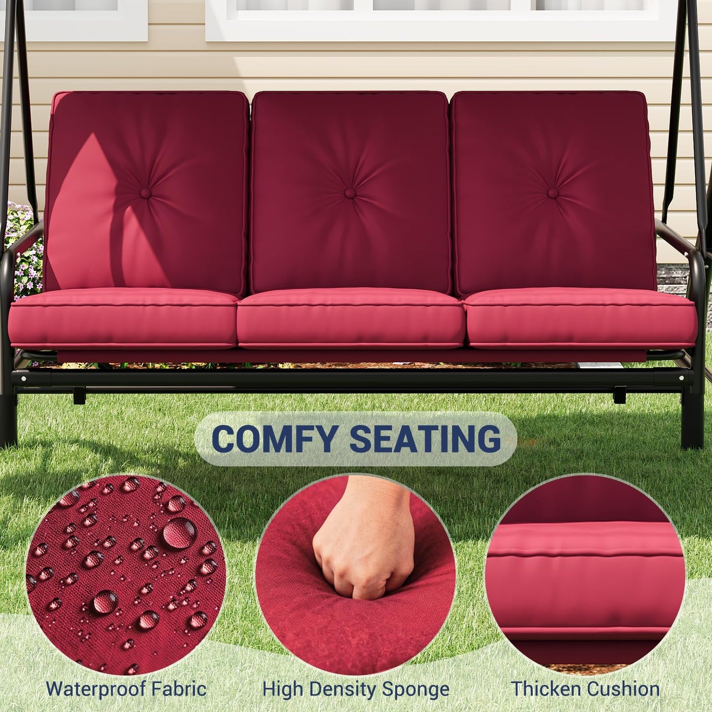 Garvee 3-Seat Outdoor Porch Swing with Adjustable Canopy, Convertible Patio Swing Bed with Stand, Thick Cushions & Cup Holders, Weather-Resistant Steel Frame for Backyard, Garden, Porch, Red
