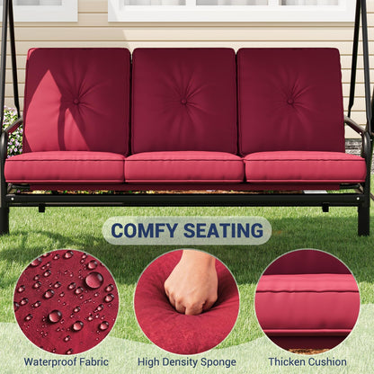 Garvee 3-Seat Outdoor Porch Swing with Adjustable Canopy, Convertible Patio Swing Bed with Stand, Thick Cushions & Cup Holders, Weather-Resistant Steel Frame for Backyard, Garden, Porch, Red