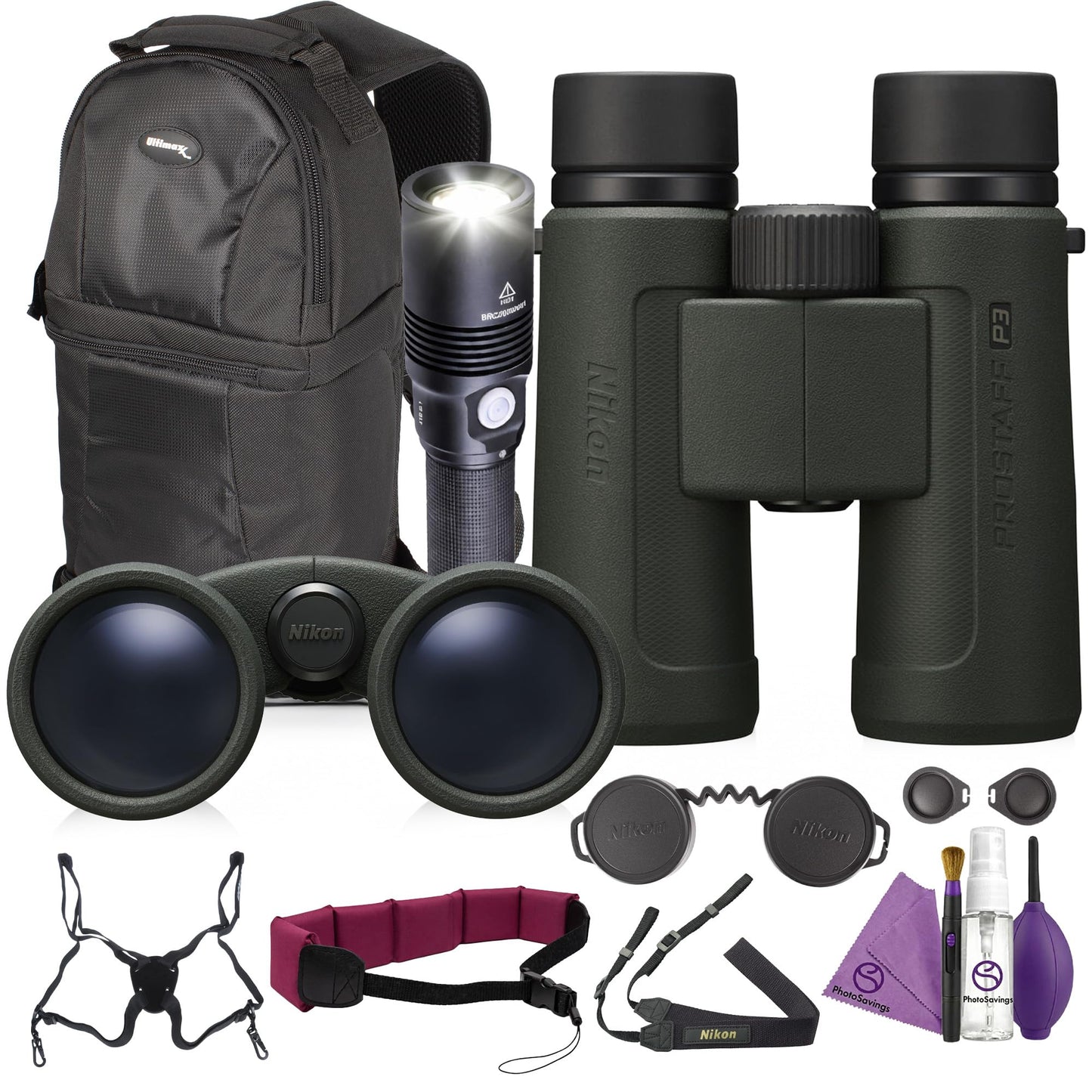 Nikon PROSTAFF P3 10x42 Binoculars 10x42 Compact Waterproof Outdoor Viewing Optics Bundle with LED Flashlight + Harness + Cleaning kit + Pro Sling Backpack + Floating Strap