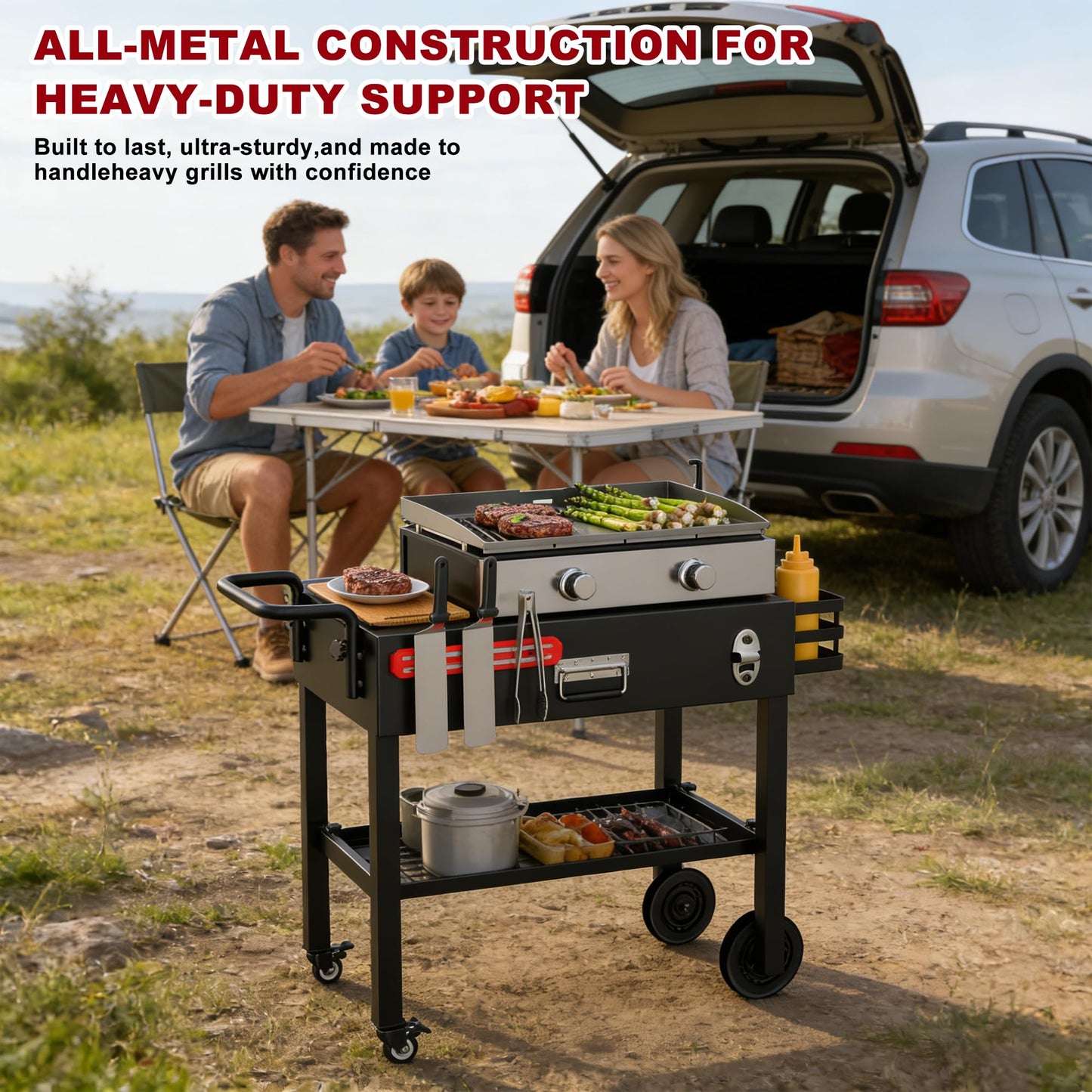 TAILGRILLER Portable Grill Table Outdoor Grill Stand for Blackstone 17"/22" Griddle,Ninja Grill,Foldable Ninja Grill Stand& Blackstone Griddle Stand for Outdoor Tailgating-Camping with Wheels