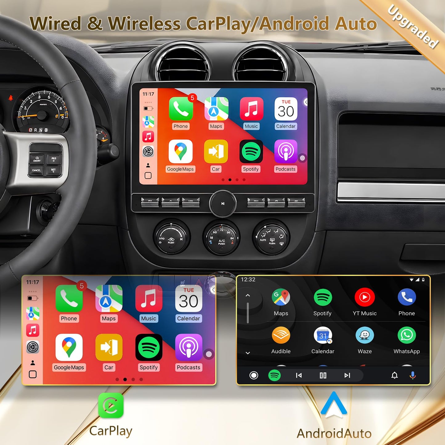 5G WiFi(6) Car Radio for Jeep Compass Patriot 2010-2016, Android13/Wireless CarPlay/Android Auto/Touch Screen/GPS Navigation/Bluetooth/AM/FM/HD Backup Camera (4Ram+64Rom)