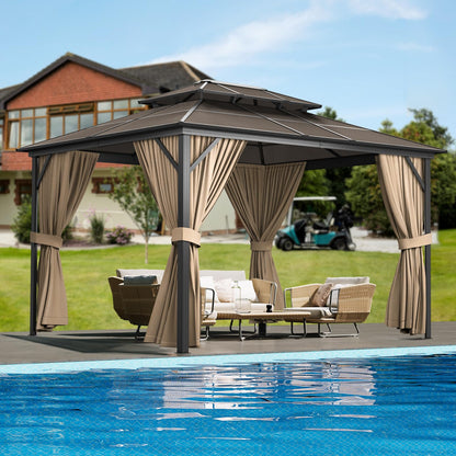 PeakPursuit Hardtop Gazebo 12'x 10' Aluminum + Iron Roof,Double-Roof Backyard Tent Garden Porch Gazebo with Mesh and Curtains Permanent Outdoor Metal Gazebo, Waterproof, Snowproof and Sunproof, Khaki