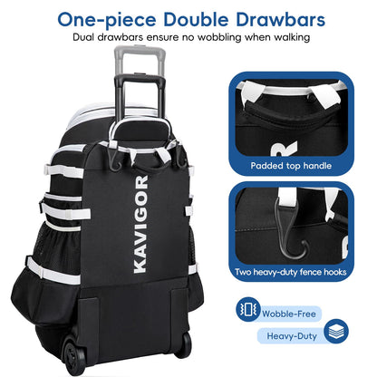 KAVIGOR Catchers Gear Bag with Wheels, 90L Rolling Baseball/Softball Bag Holds 2 Sets of Gear with Glove Compartment, Helmet Holder & Shoe Compartment
