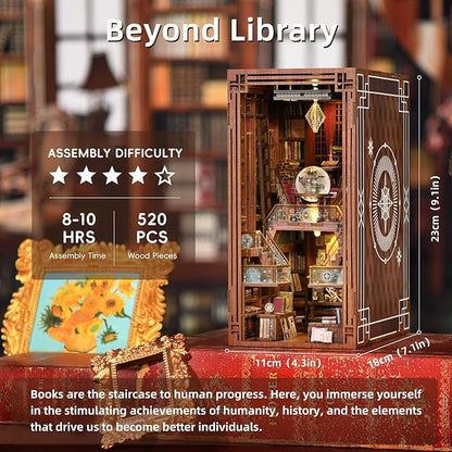 DIY Book Nook Kit DIY Miniature Dollhouse Booknook Kit 3D Wooden Puzzle Bookend Bookshelf Insert Decor with LED Light for Teens and Adults (Beyond Library)