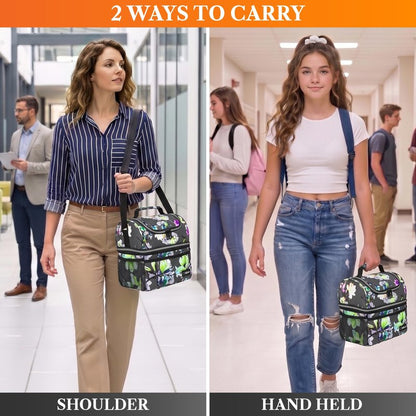 OPUX Insulated Lunch Bag for Women, Double Decker Leakproof Lunch Box Cooler Tote with Shoulder Strap, Large Lunchbox for Work School Travel Meal Prep, Adults Kids Men Girls Boys, Floral Gray, 16 Cans