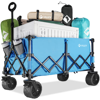 VILLEY Extended Collapsible Foldable Wagon with 330LBS Weight Capacity, 220L Heavy Duty Folding Utility Garden Cart with Big All-Terrain Beach Wheels with Brake & Drink Holders, Blue