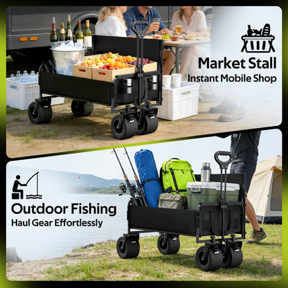 Beach Wagon with Seats, Heavy Duty Wagon Bench Seat Combo with Anti-Collapse Backbar, 2-in-1 Collapsible Lounge Cart for Sand Outdoor Camping, Carbon Steel 500lbs, Black
