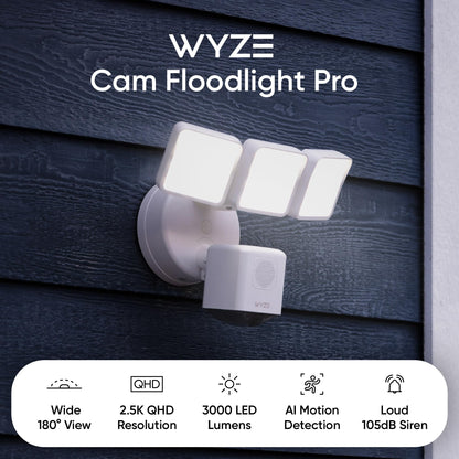 WYZE Floodlight Camera Pro, PCMag Editors' Choice 3000-Lumen LEDs, 2.5K HD Outdoor Security Camera, 180° Wide View, Motion Detection, Color Night Vision, Works with Alexa & Google-White