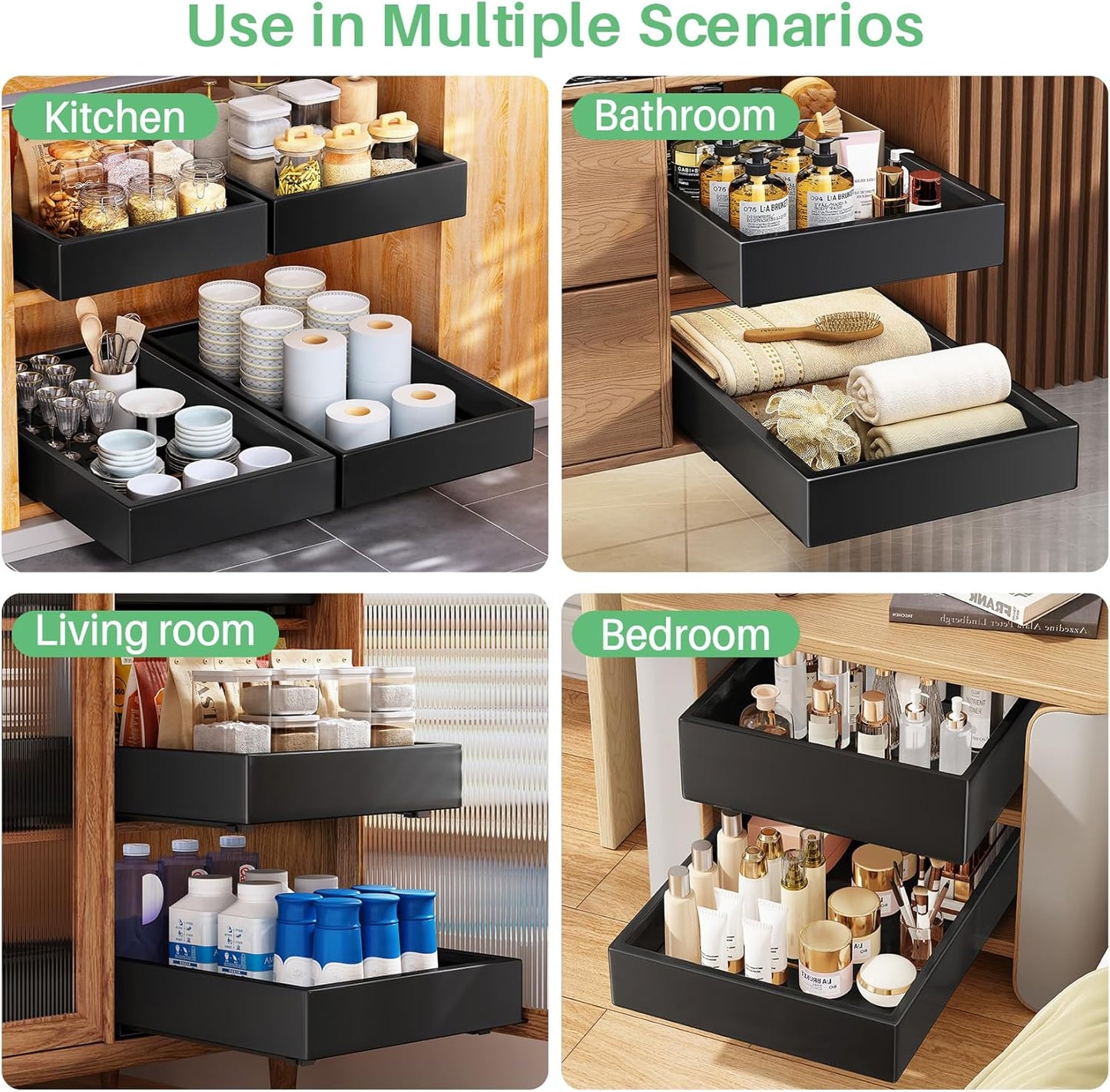 Pull Out Cabinet Organizer - Heavy Duty 21" Deep Full-Extension Drawers for Kitchen & Bathroom | Black