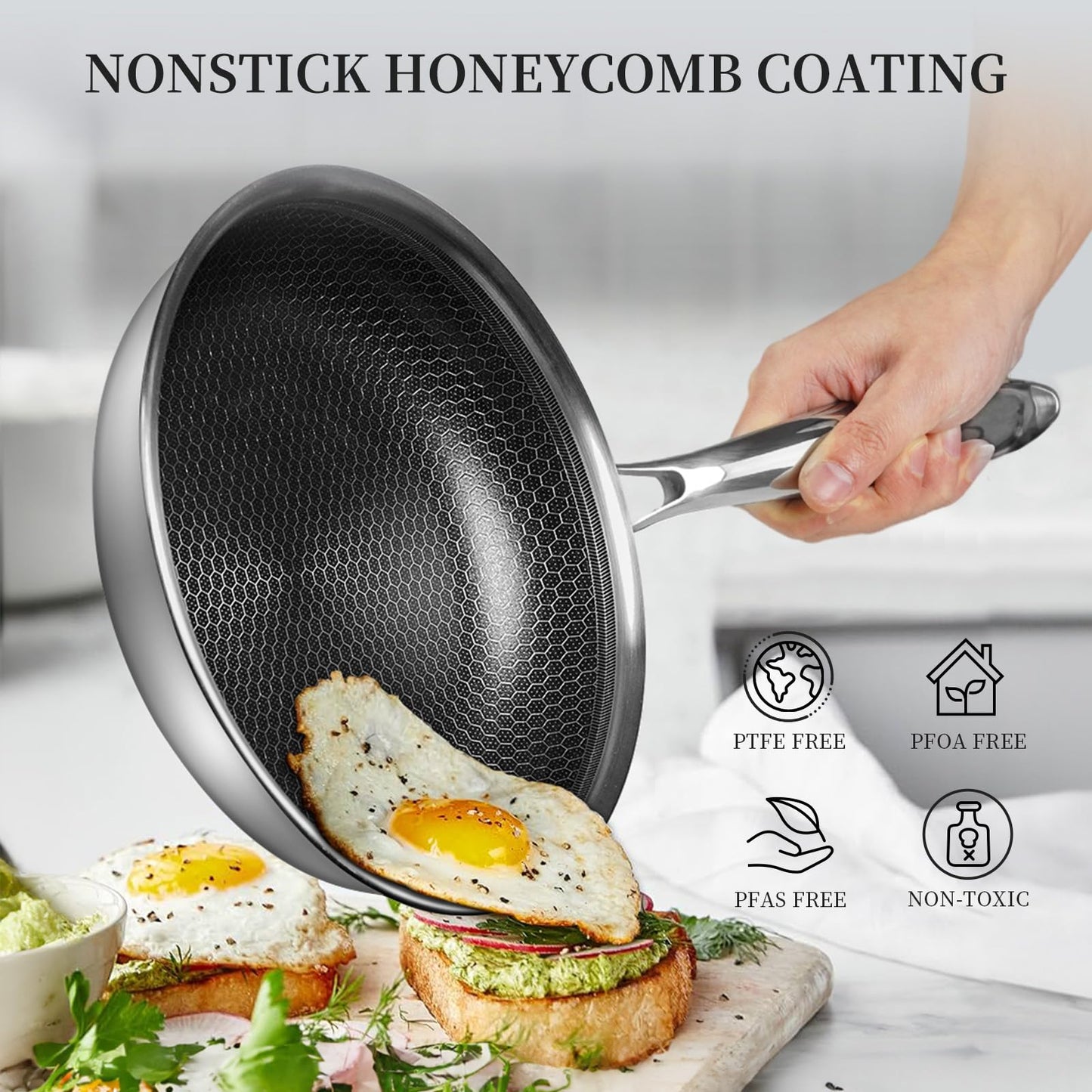 Innerwell 6 Piece Stainless Steel Frying Pan Set with Lids Cookware Set Nonstick Honeycomb Frying Pan Set 3pcs W/Stay Cool Handle Skillet Works Pan for Cooking with Induction Gas Stovetops