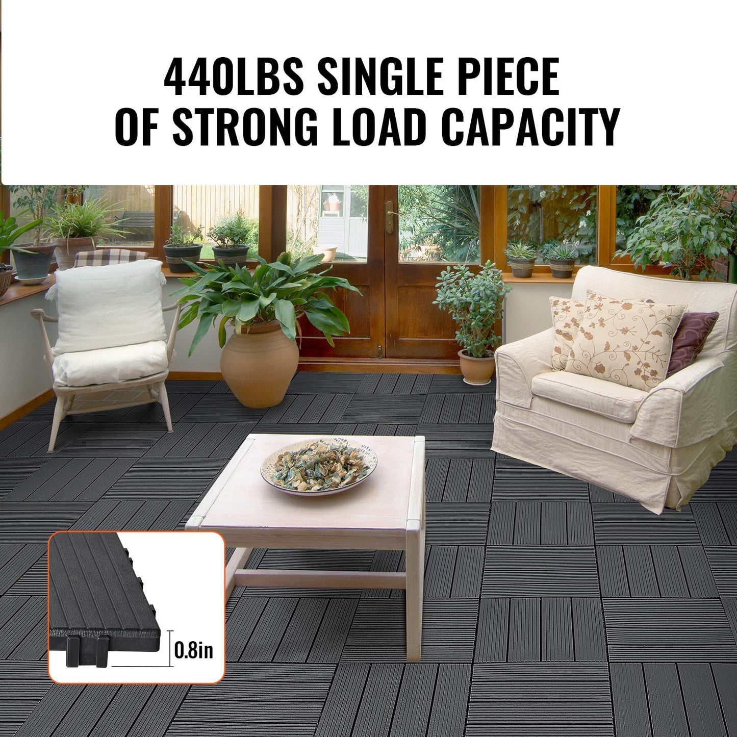 VEVOR 54 sq. ft Plastic Interlocking Deck Tiles, 54 Pack,12"x12" Waterproof Non-Slip Outdoor Flooring All Weather Use, Patio Floor Decking Tiles for Porch Poolside Balcony Backyard, Dark Grey