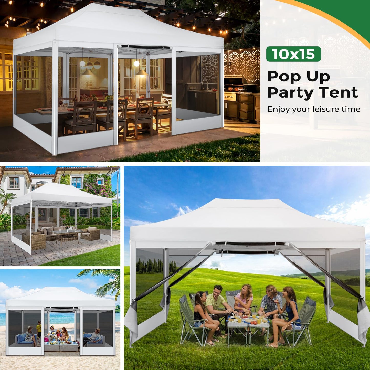 COBIZI 10x15 Heavy Duty Pop Up Canopy with 4 Sidewalls, Commercial Gazebo Party Tent with Mosquito Netting Wall Easy Set Up Outdoor Instant Screen Tent for Backyard, Patio, Garden, White