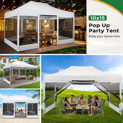 COBIZI 10x15 Heavy Duty Pop Up Canopy with 4 Sidewalls, Commercial Gazebo Party Tent with Mosquito Netting Wall Easy Set Up Outdoor Instant Screen Tent for Backyard, Patio, Garden, White