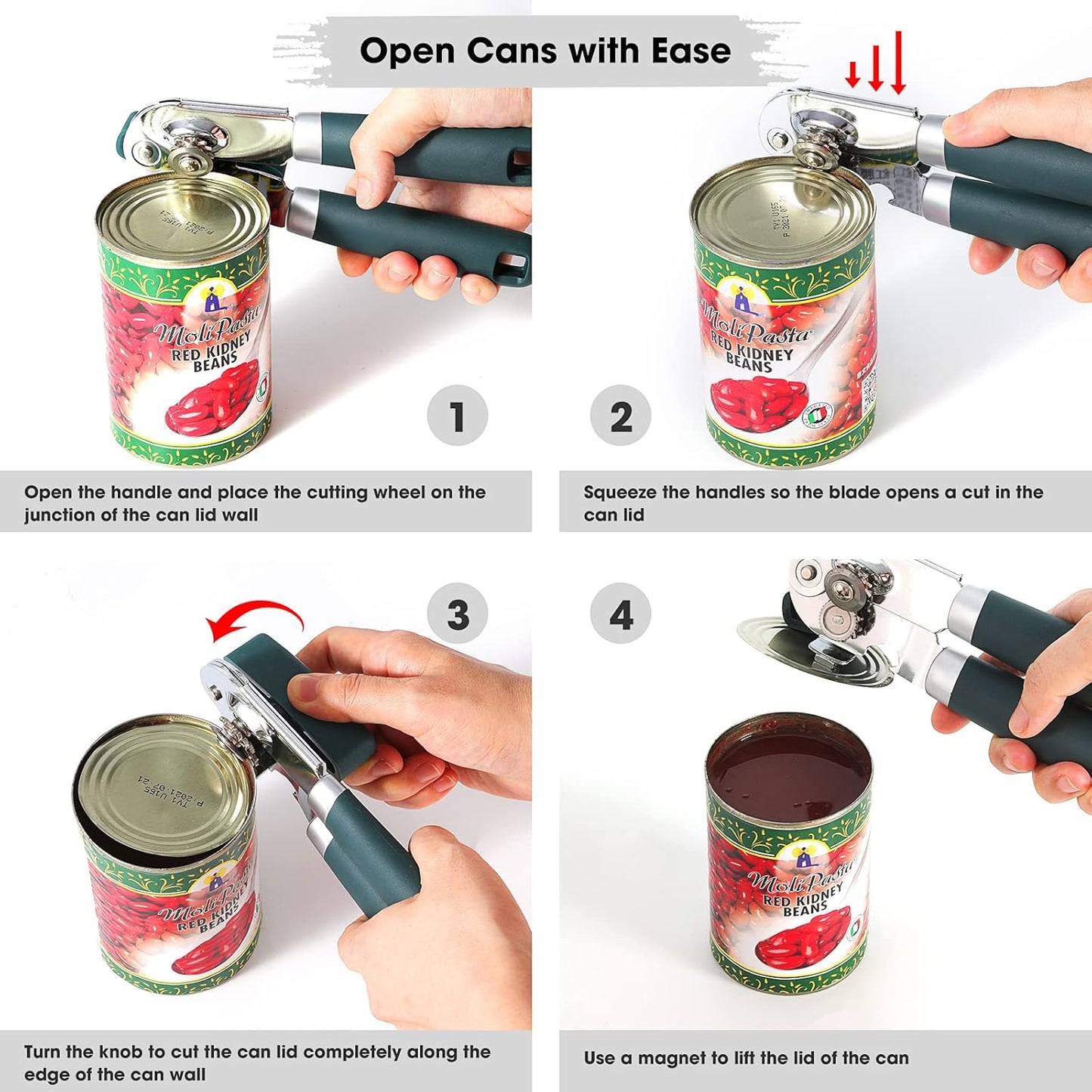 Beneno Heavy Duty Manual Can Opener - Durable Carbon Steel Blade, Effort-Saving Knob & Soft Grip Handle | Green