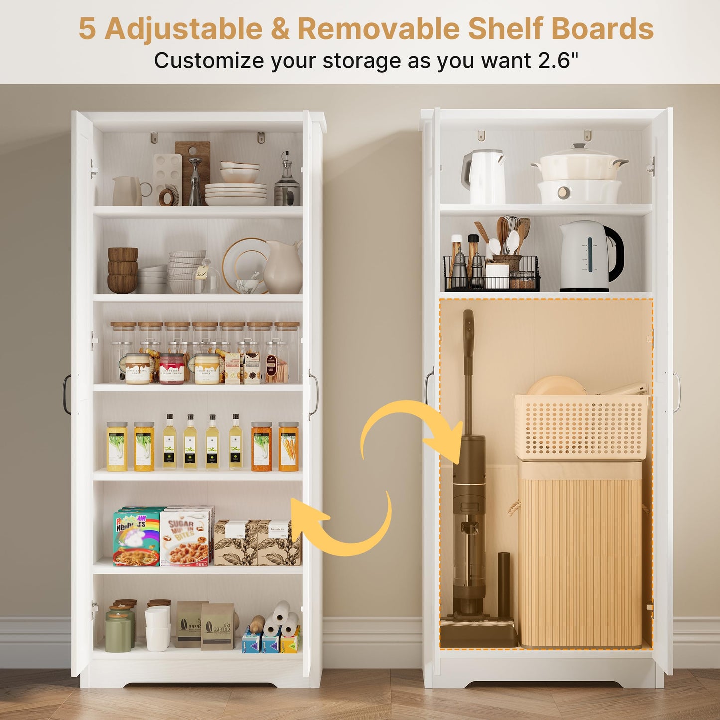 Decofy 70" Tall Storage Cabinet, Large Wood Storage Pantry Cabinet with 6 Adjustable Shelves & 2 Doors, Standing Utility Storage Cabinets for Kitchen, Bathroom, Dining Room (Soft White)