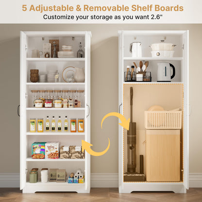Decofy 70" Tall Storage Cabinet, Large Wood Storage Pantry Cabinet with 6 Adjustable Shelves & 2 Doors, Standing Utility Storage Cabinets for Kitchen, Bathroom, Dining Room (Soft White)
