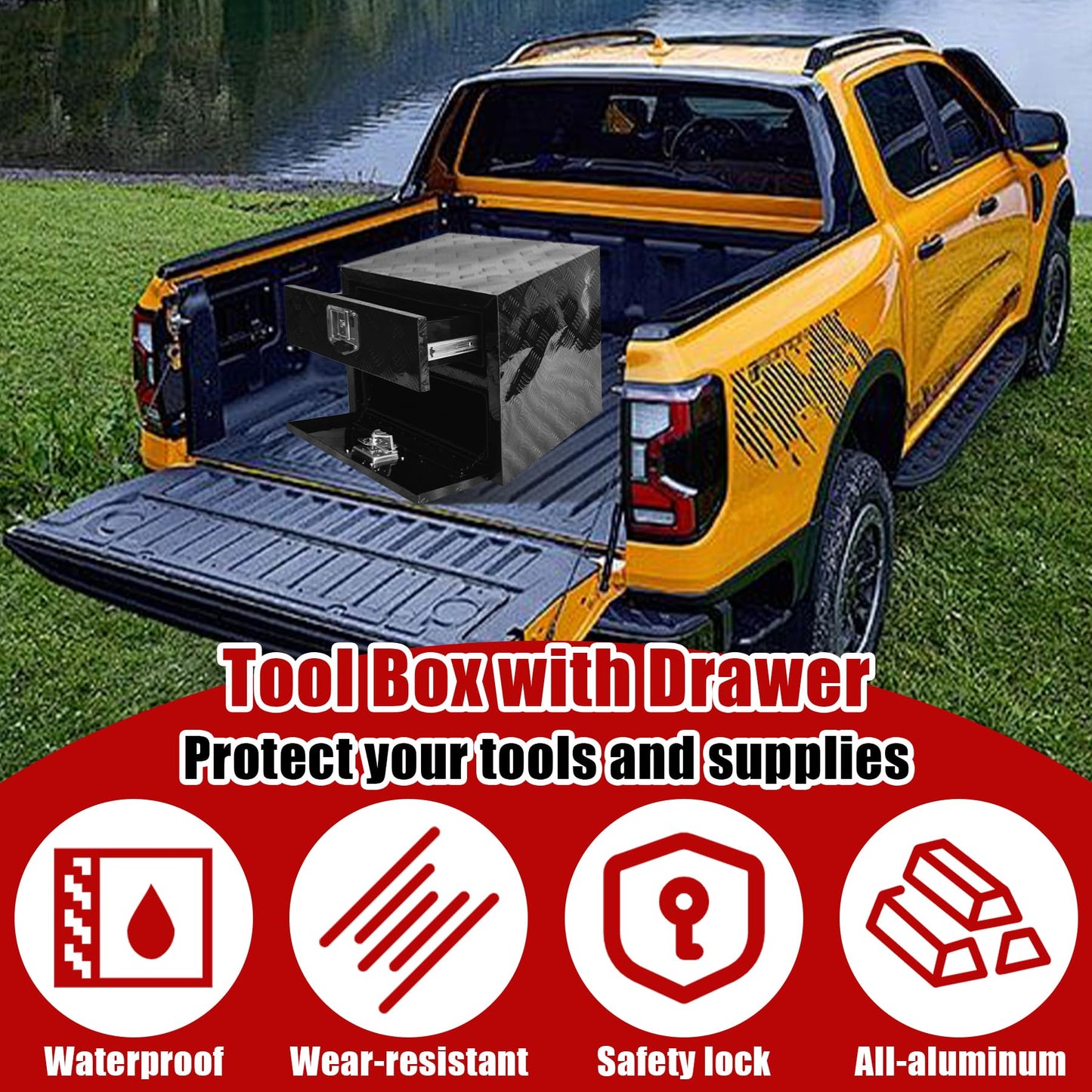 Underbody Truck Tool Box 36"x 18"x 20" Heavy Duty Double-Layer Aluminum Truck Bed Toolbox with Drawer and Lower Door Tools Storage Organizer with Lock and Keys Suitable for Truck Bed Pickup RV Trailer