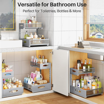 Under Sink Organizer | 2-Pack 2-Tier Pull-Out Cabinet Shelf with Metal Slides & Mesh Drawers - Grey