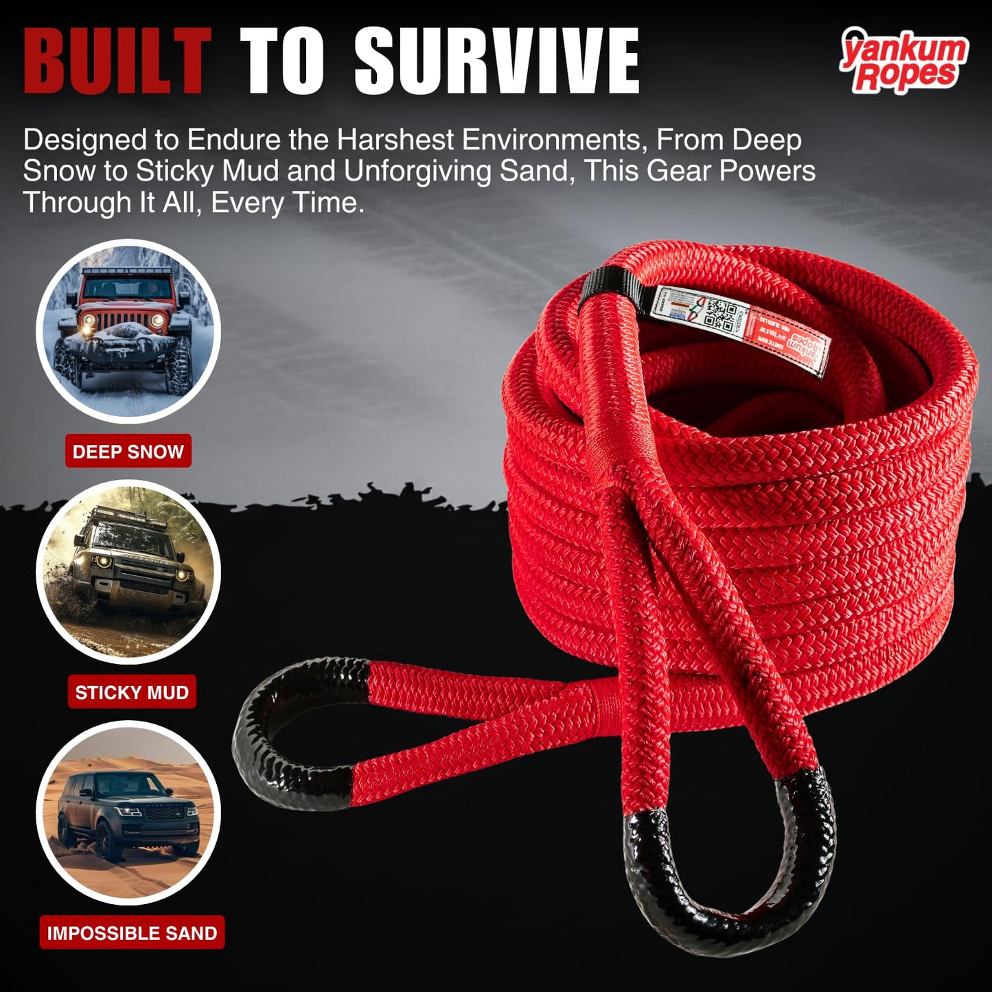 Yankum Kinetic Recovery Rope - Heavy Duty 3/4" x 30' Tow Rope, Off-Road & Vehicle Recovery Kit, Kinetic Energy Snatch Strap, Soft Shackles for 4x4, Jeep, and Trucks, Made in USA – Rubber Boa Series