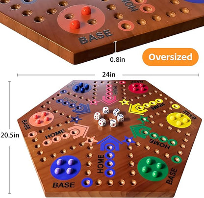 Wooden Board Game Board Game Original Marble Game Double Sided Painted 2 to 6 Player Fast Track Wooden with 6 Colors 24 Marbles 6 Dice for Adults Kids Family(24 INCH Flame)