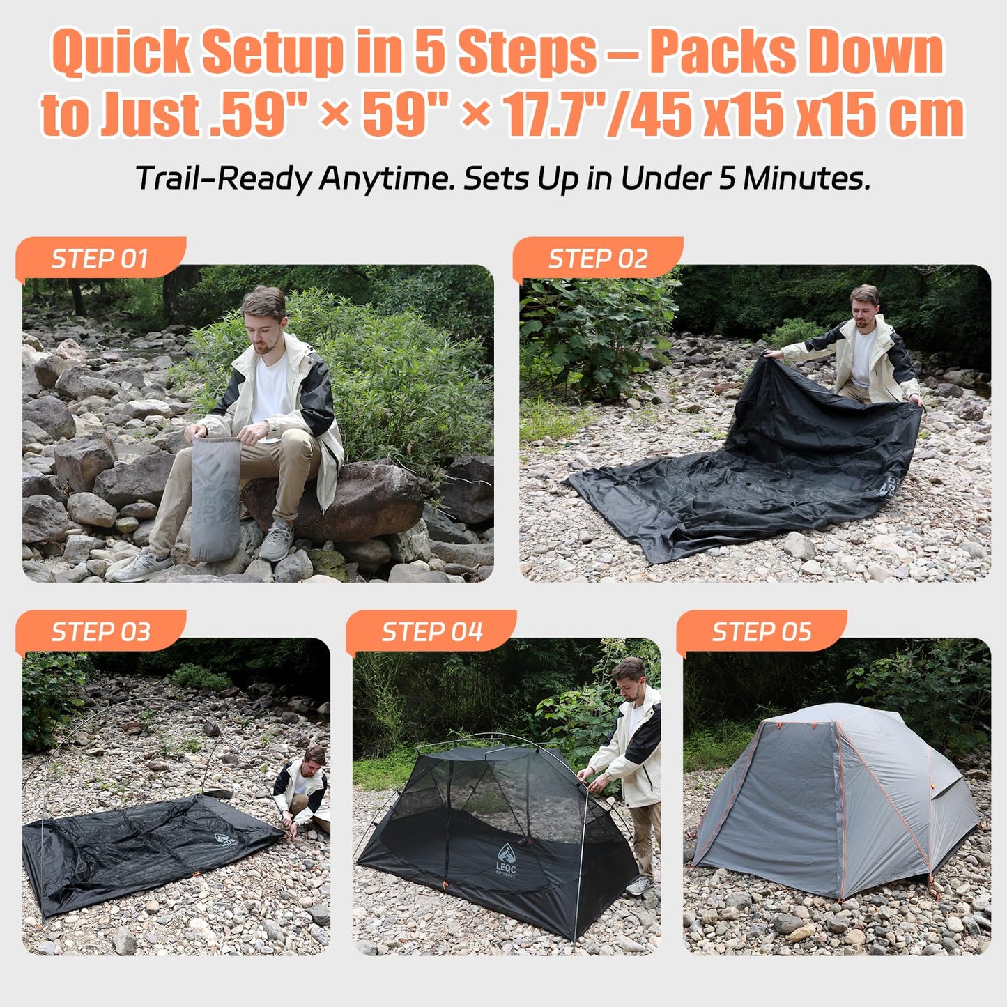 LEQC 2 Person Lightweight Backpacking Tent – 5000mm Waterproof Silicone Nylon, 7001 Aluminum Poles, YKK Zippers, Compact 3-Season Hiking & Camping Tent with Front Vestibule