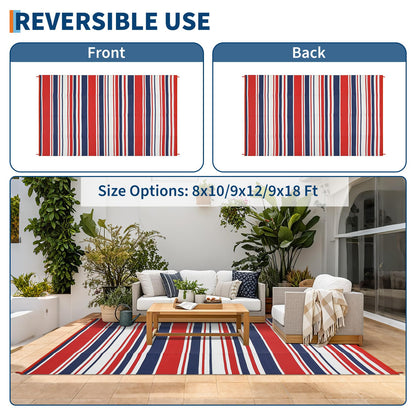 GAOMON 10x20 Outdoor Rug Waterproof for Patio Plastic Straw Large Rug Geometric Stripe Indoor Outdoor Area Rug Modern Lines Outdoor Camping Rugs for RV Porch Deck Backyard Balcony, Red Navy White