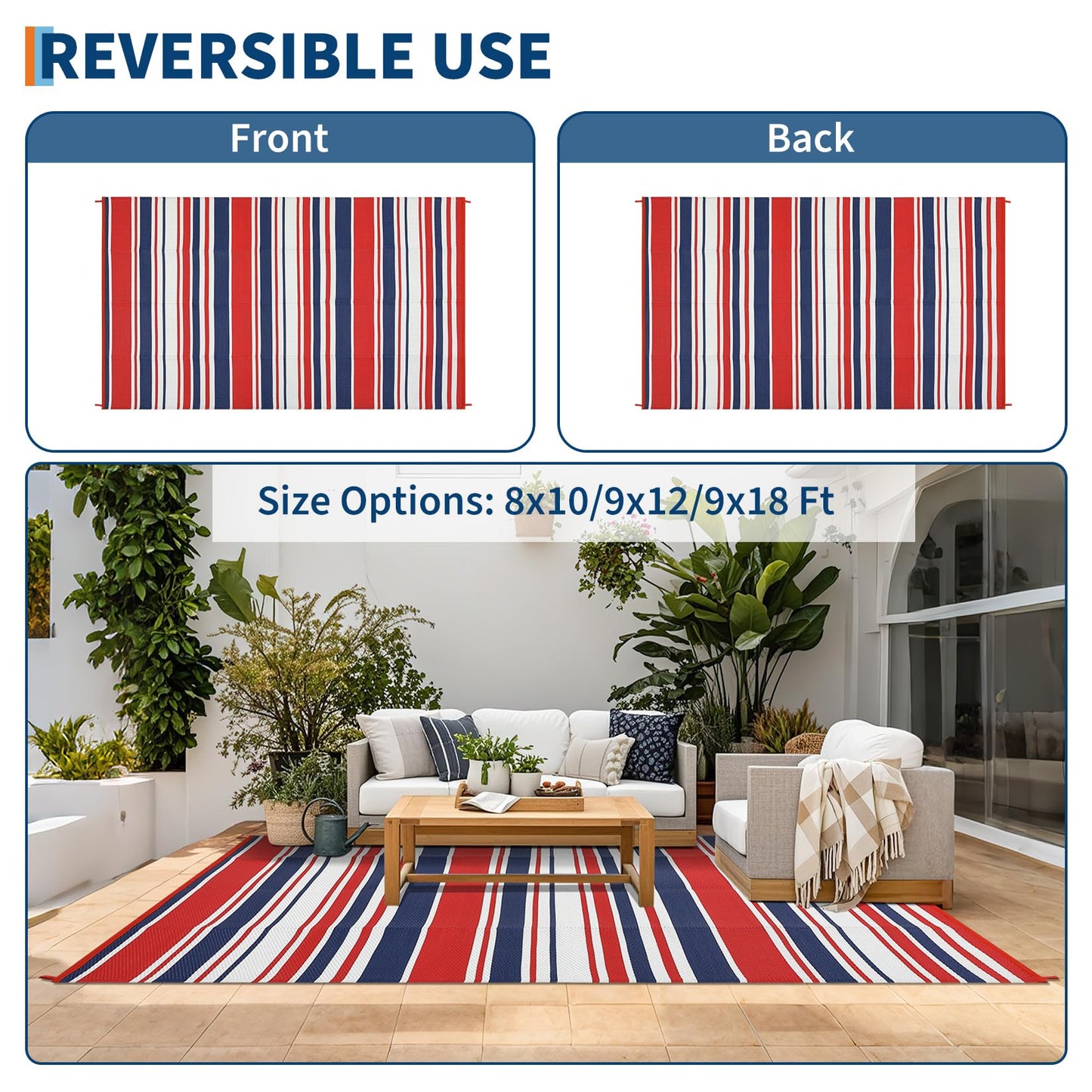 LUXLOOM Outdoor Plastic Straw Rug 9x18 Large Washable Floor Mat Modern Lines Waterproof Rug for Patio Reversible Rugs for Outdoors RV Beach Patio Camping Backyard Deck Picnic Outside Red Navy