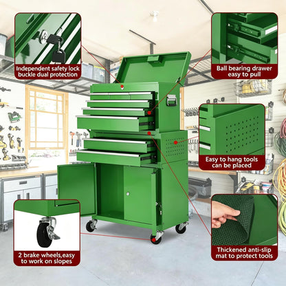 Heavy Duty 8 Drawer Tool Chest, Rolling Tool Box Cabinet on Wheels, 2-in-1 Detachable Metal Tool Storage Organizer for Garage and Workshop, Locking Steel Tool Cart with Portable Top Tool Box, Green