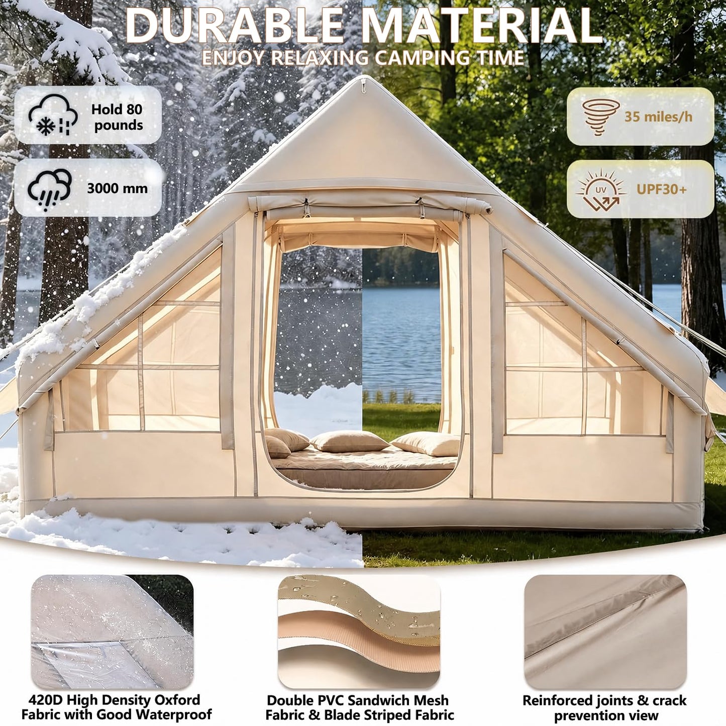 Gouyu 4-6 Person Inflatable Camping Tent, Panoramic TPU Skylight & Privacy Cover, 420D Oxford Waterproof UPF30+, PVC Air Beams, Mesh Ventilation, 5-Min Quick Setup Blow Up Tent for Family (A)