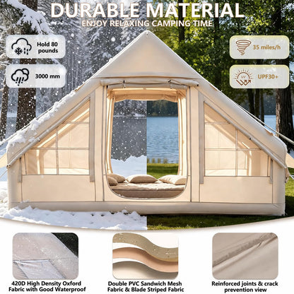 Gouyu 4-6 Person Inflatable Camping Tent, Panoramic TPU Skylight & Privacy Cover, 420D Oxford Waterproof UPF30+, PVC Air Beams, Mesh Ventilation, 5-Min Quick Setup Blow Up Tent for Family (A)