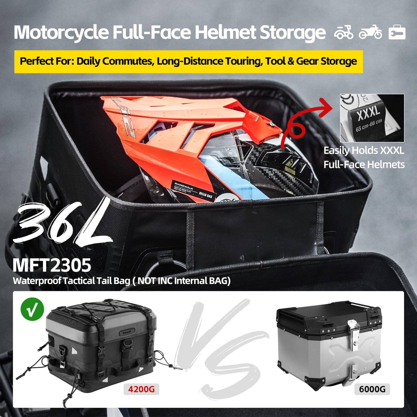 Rhinowalk Motorcycle Tail Bag 36L Hard Shell Top Case Waterproof Rear Pack with Expandable Capacity and MOLLE System (MFT2305)