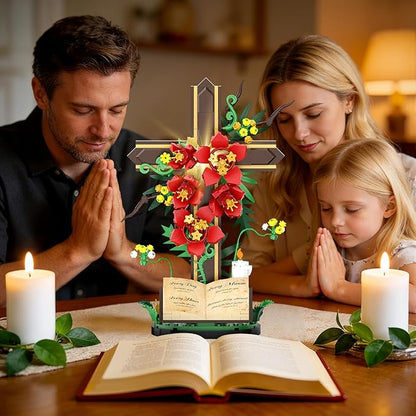 Jesus Cross Flower Building Set Religious Cross Collectibles Jesus Catholic Building Toys Christian Crucifix Floral Decor Display Easter Christian Birthday Gift for Kids Women &amp Adults (381