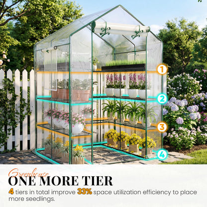 KING BIRD Premium Greenhouse for Outdoors, 56x56x77 in Walk-in Hot House with Thickened Cover, Reinforced Frame, Screen Windows & Mesh Door, 4 Tiers 12 Shelves for Outside Garden Seedlings, Clear