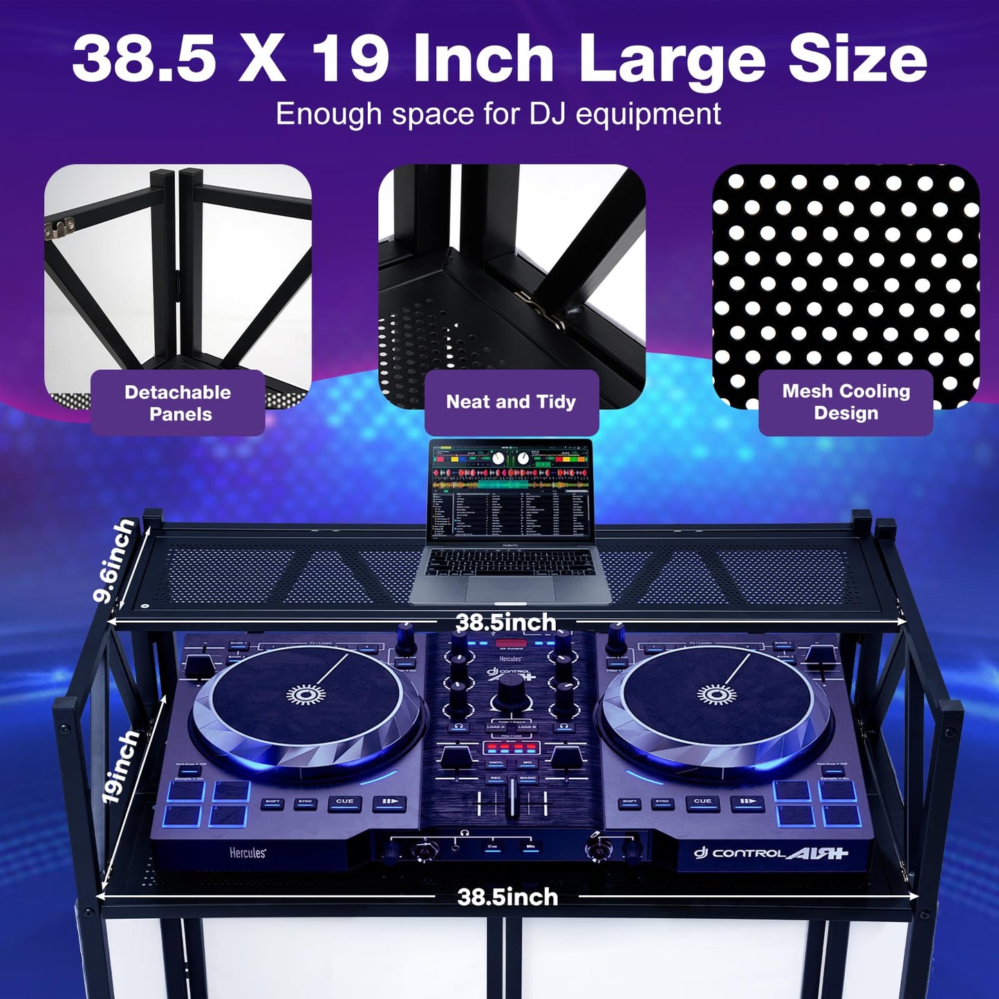 Portable DJ Booth Table,Foldable DJ Table Stand with White & Black Scrim,Adjustable DJ Facade Booth Station Metal Frame with Cable Hole for Private Events, Clubs, Bars (Double Deck)