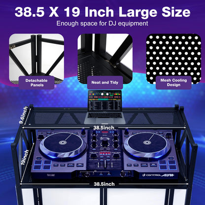 Portable DJ Booth Table,Foldable DJ Table Stand with White & Black Scrim,Adjustable DJ Facade Booth Station Metal Frame with Cable Hole for Private Events, Clubs, Bars (Double Deck)