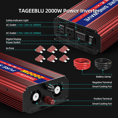 TAGEEBLU 24V 2000W Pure Sine Wave Inverter - 4000W Surge, 24V DC to 110V AC Heavy Duty Power Inverter for RV, Truck, Home, Solar, Off-Grid, Outdoor, Car Converter with Dual AC Outlets and LCD Display