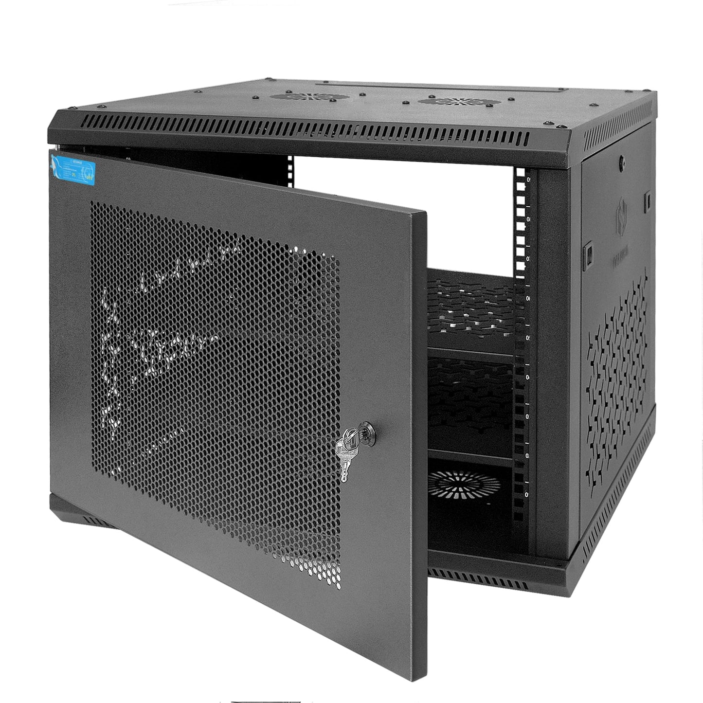 OCEANHUG 9U Wall Mount Server Cabinet with A Lockable Front Vented Door, Cooling Fans, Removable Side Panels - 60cm Depth, 19" Network Rack Including 2 PCS Full-Size Rack Shelves for IT Equipment