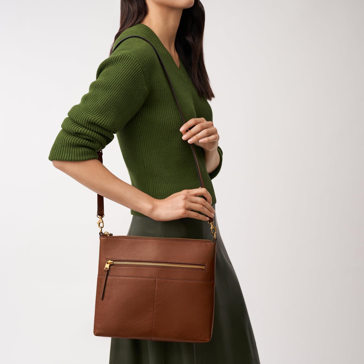 Fossil Women's Fiona Leather Large Crossbody Purse Handbag, Brown (Model: ZB7669200)