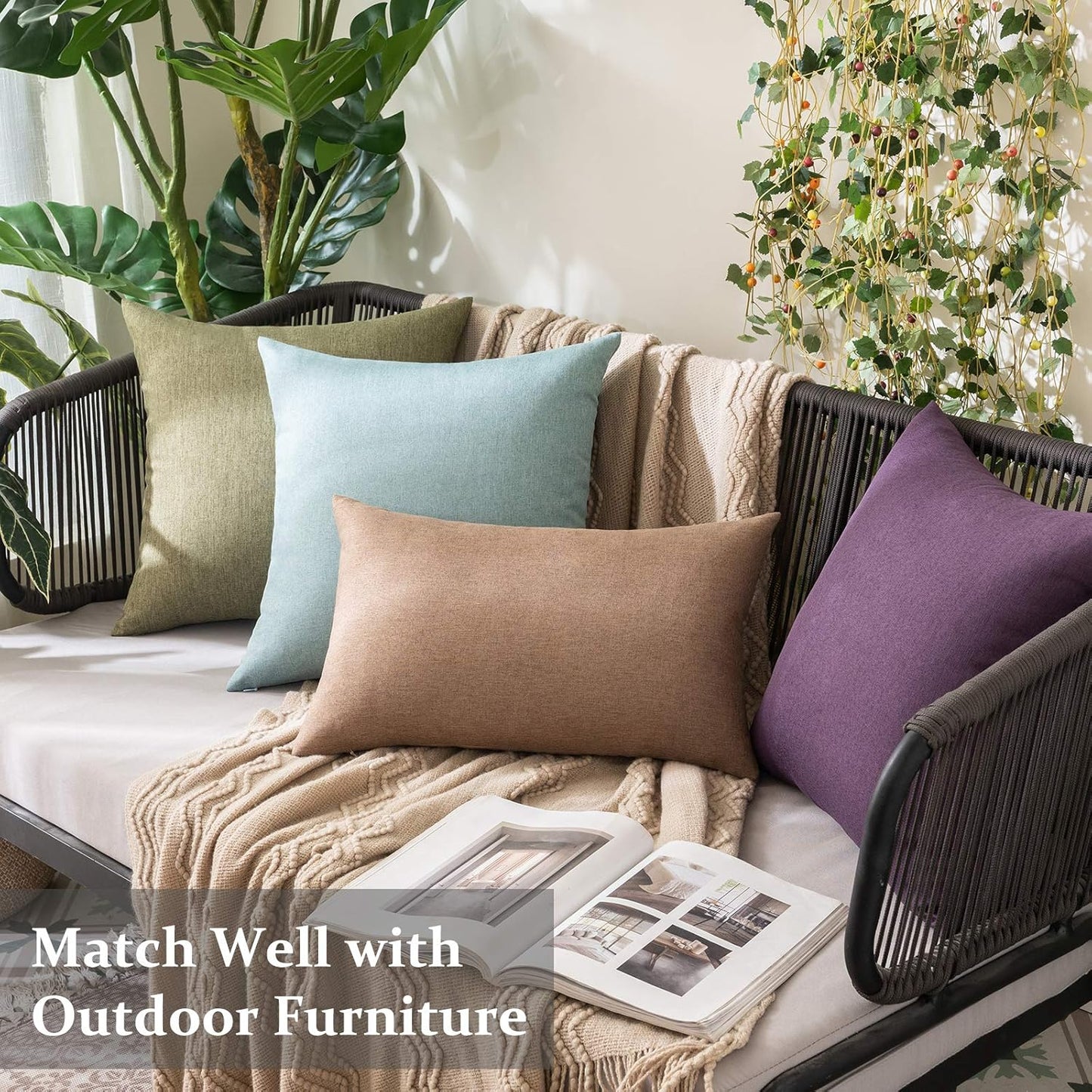 MIULEE Decorative Outdoor Throw Pillow Covers - Waterproof Faux Linen Cushion Cases | 22x22 Inch Dark Green (Pack of 2)